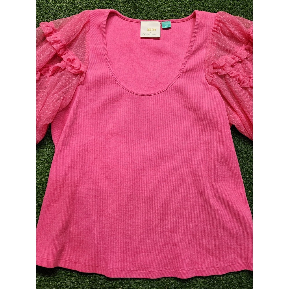 Maeve Anthropologie Hot Pink Ribbed T-Shirt Swiss Dot Ruffle Tulle Sleeve 1X - Picture 2 of 8